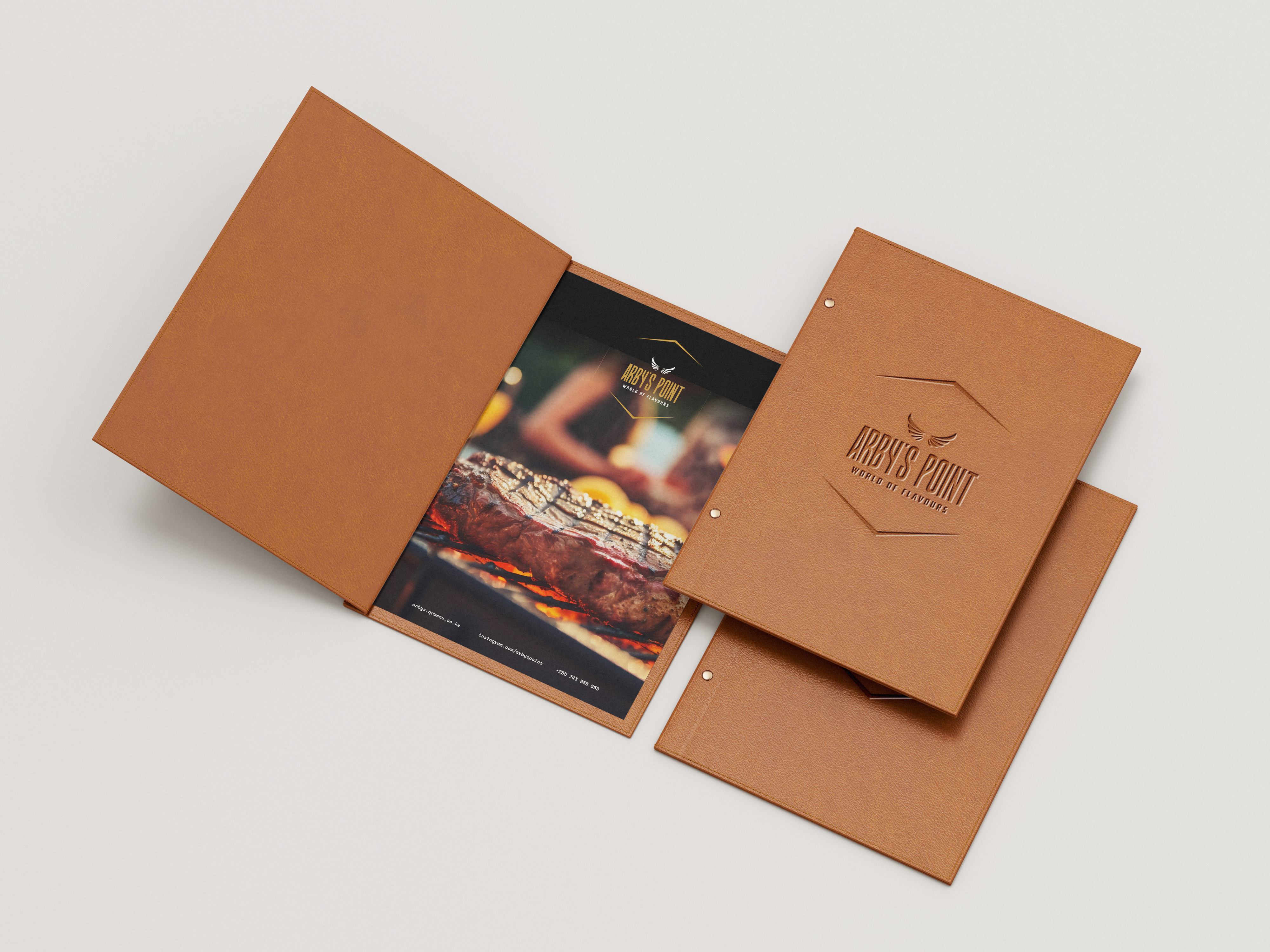 Embossed leather menu folder — premium branded print